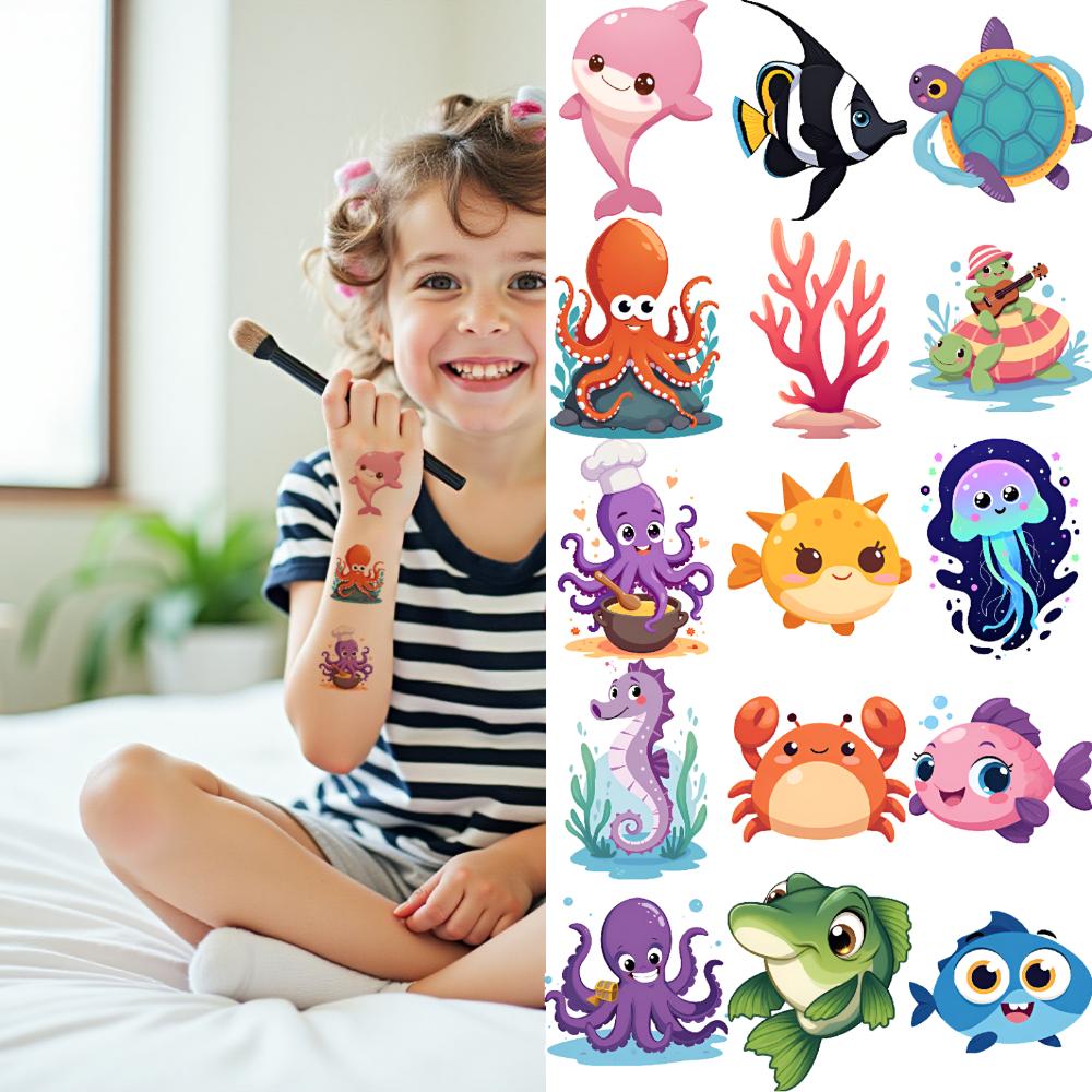 54pcs Temporary Tattoo Cartoon Creatures Temporary Tattoo Stickers Ocean Animals Waterproof Long-lasting Body Stickers For