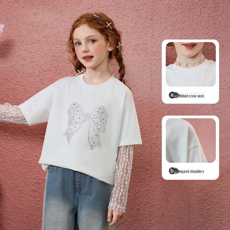 ASK JUNIOR Girls' Faux Layered Lace Bow Long Sleeve T-Shirt