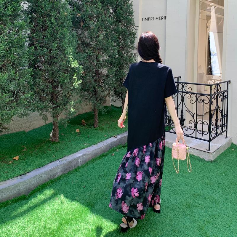 DIMANAF 2025 Women Summer Long Dress Vintage Short Sleeve Shirt Floral Dress Basic Casual Loose Plus Size Dress