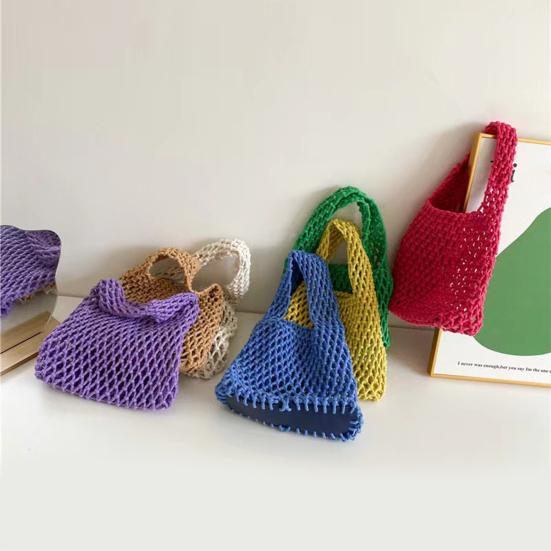 Hand-Woven Wrist Tote Bag Cotton Rope Braided Hollow Out Handbag Ladies Portable Wristlet Handbag for Travel Beach Shopping