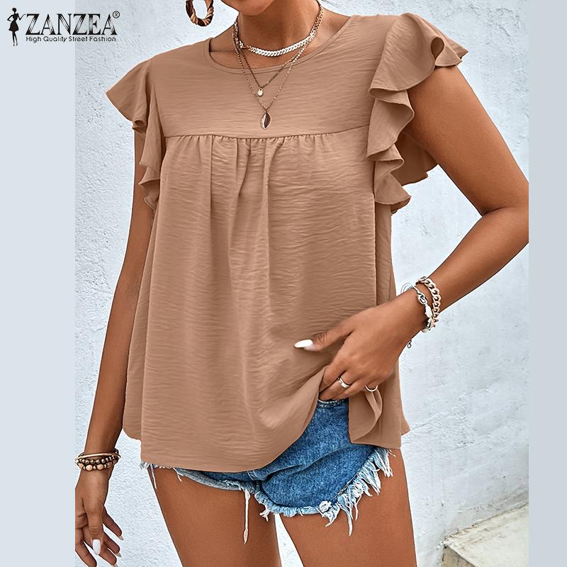 

ZANZEA Женская повседневная летняя блузка без рукавов с оборками и круглым вырезом