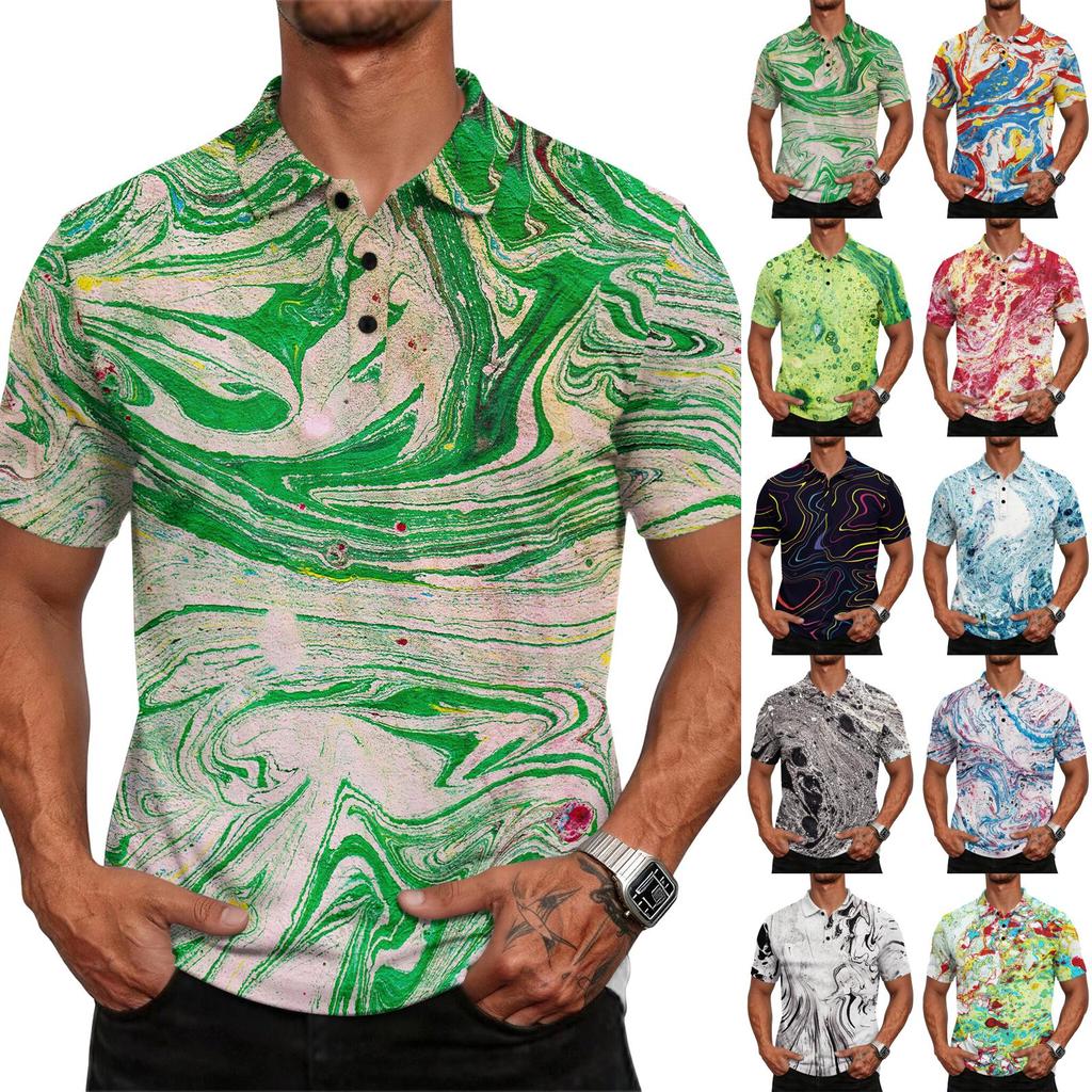 Men's casual loose-fitting fashionable tie- patterned printed short-sleeved T-shirt top