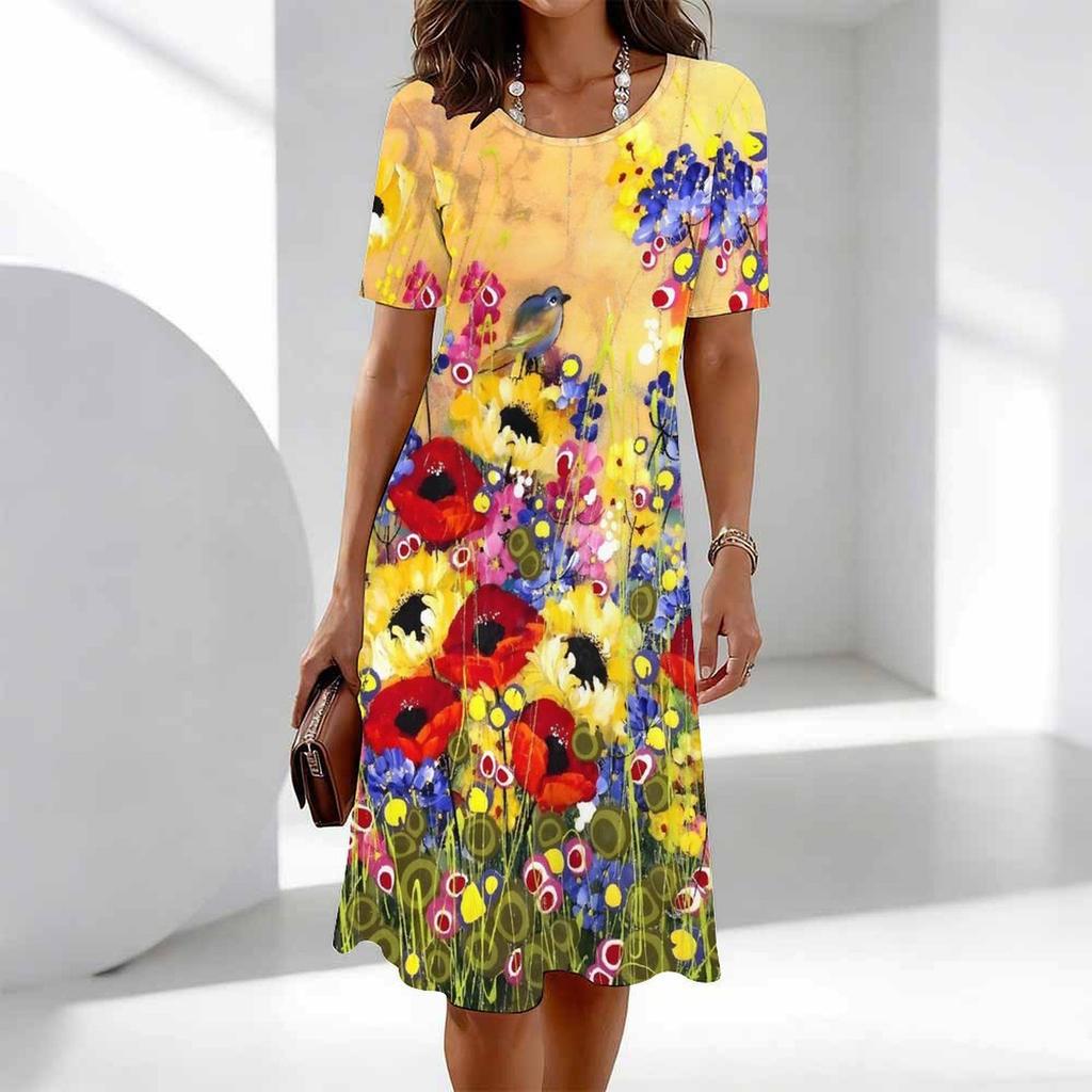 Women's Fashion Graceful Beautiful Colorful Flowers Grass Colorful Flowers and Small Grass Print Summer Spring Short Sleeve O-Neck Casual Dresses
