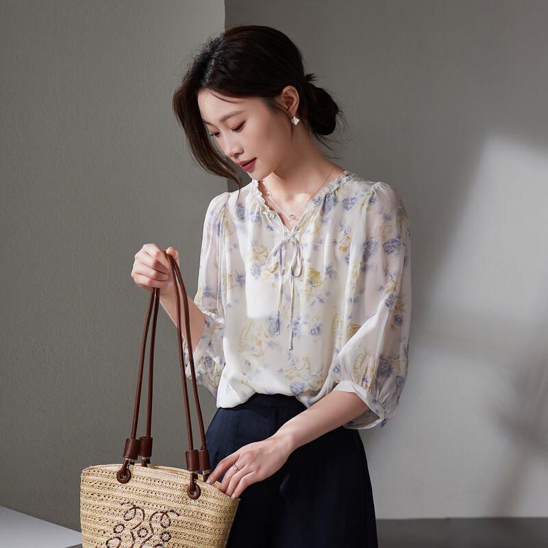 SOFSIL Women's French Pastoral Floral Silk V-Neck Shirt