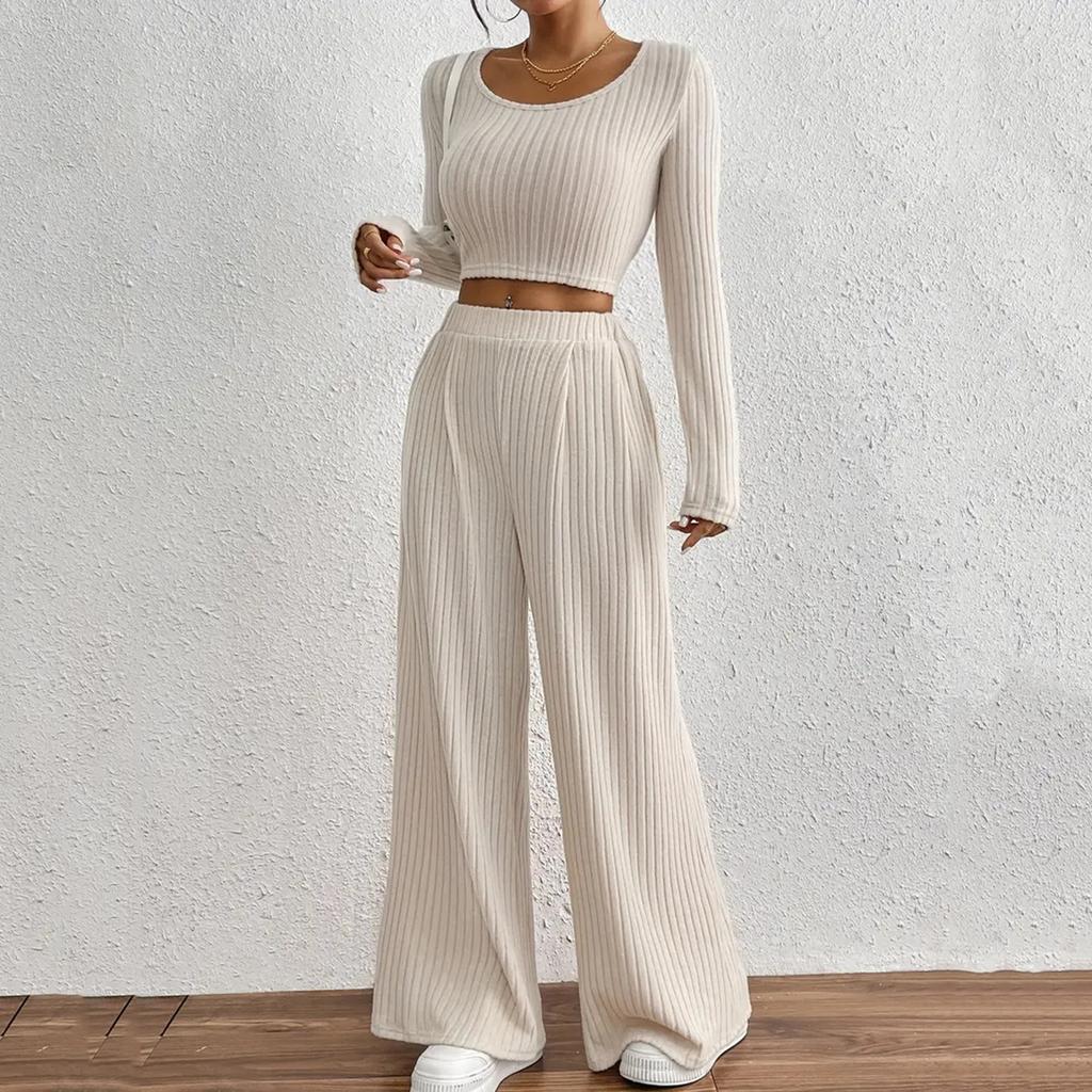 Women's Color Rib Knitted Trousers Mid-Waist Slimming Long-Sleeved Casual Suit
