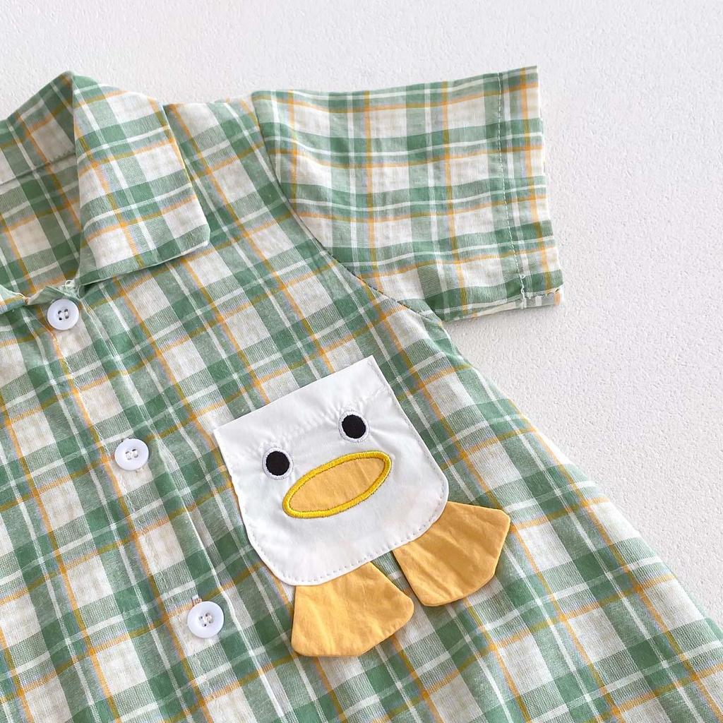 Summer Boys Plaid Short Sleeve Romper - Stylish Korean Style Crawling Suit for Infants