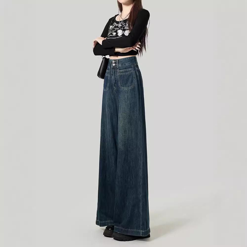 Women's High Waist Plush Wide-Leg Jeans - Autumn/Winter, Loose Fit, Slim, Straight Cut