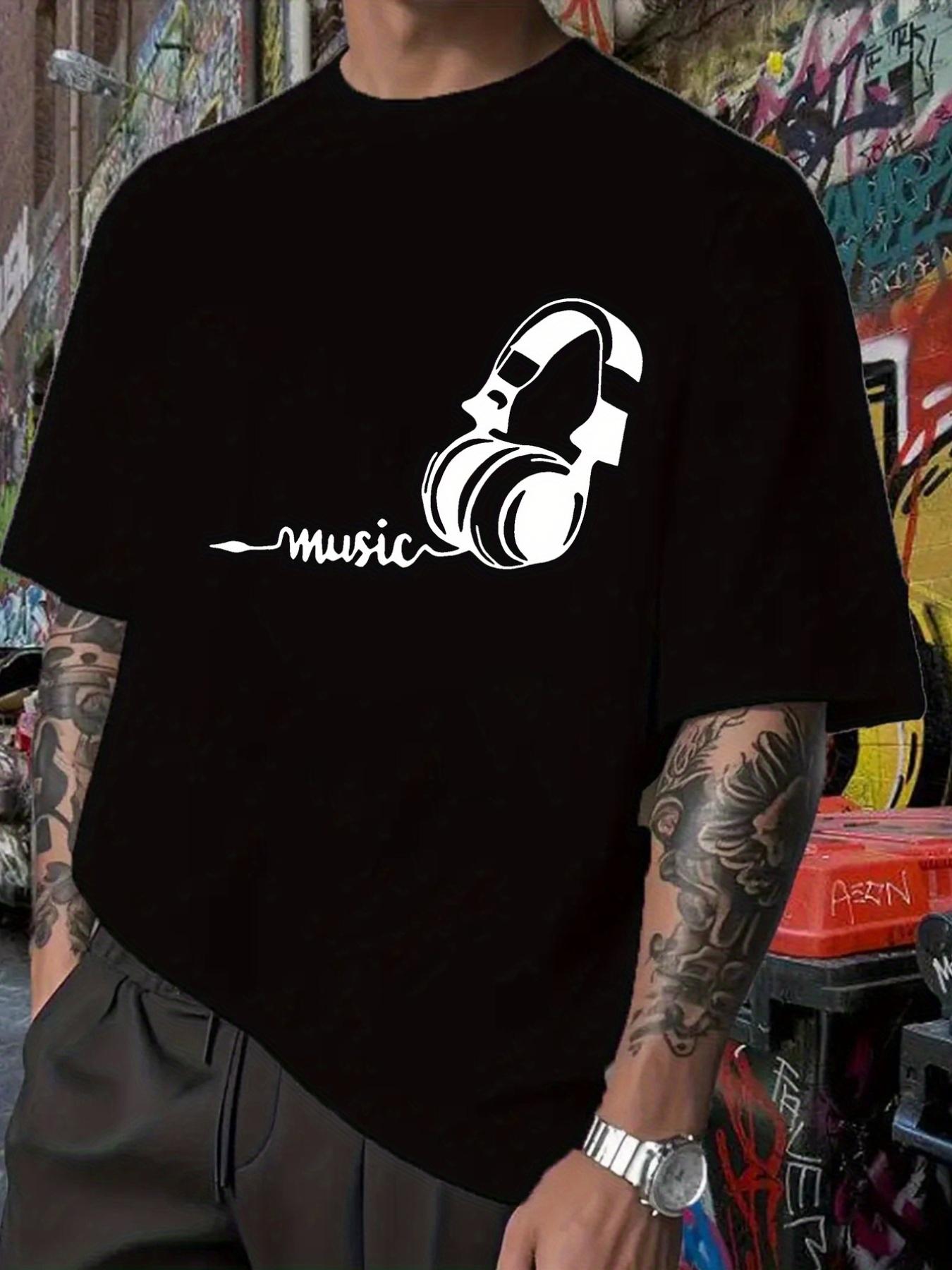Music Graphic T-shirt - Black Tee with White Headphones Design XL