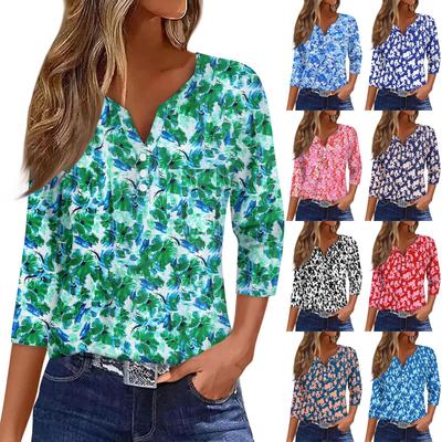 Moda Casual para Mujer Cuello en V Holgado Versátil Estampado Floral Mangas Tres Cuartos
