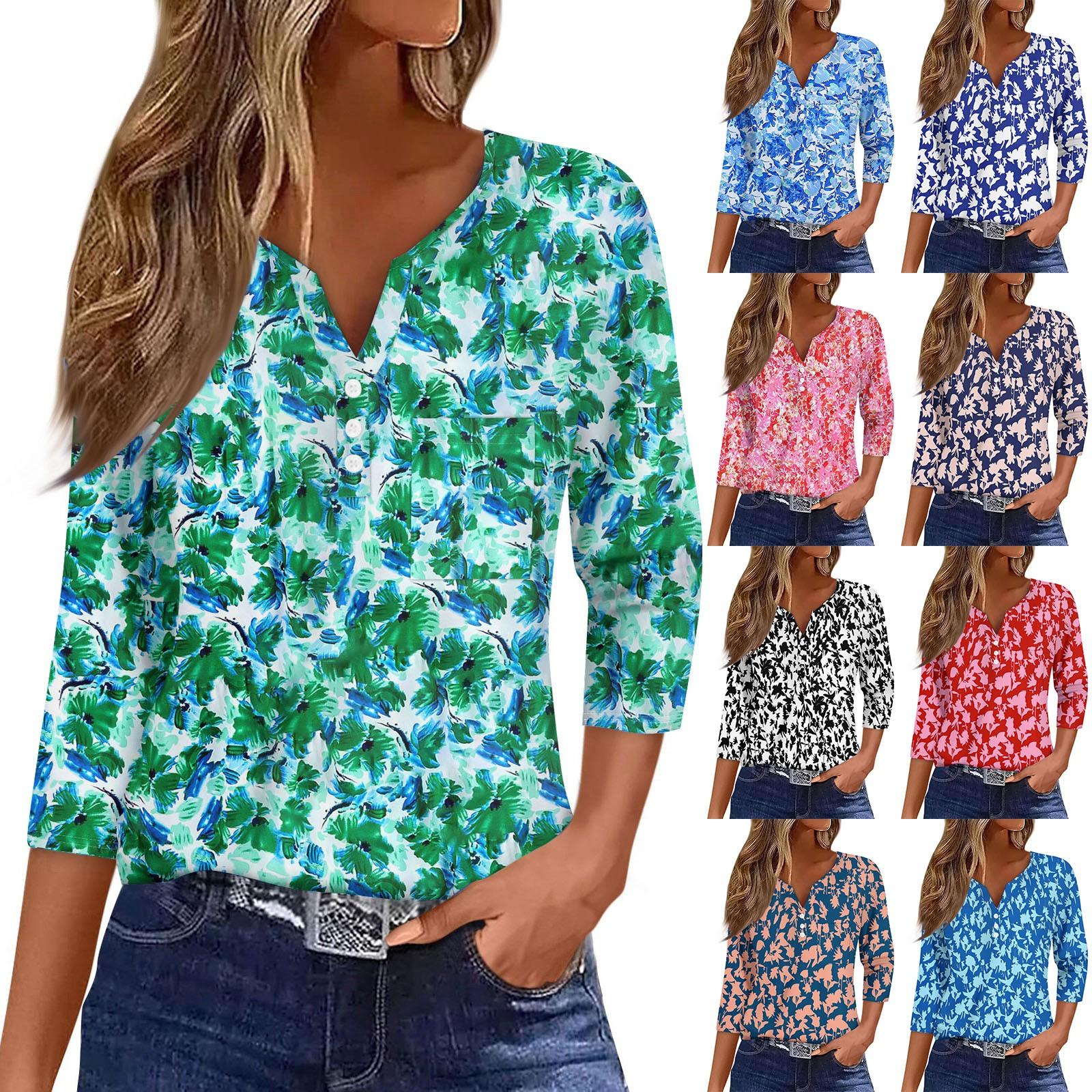 

Ladies Casual Fashion V-neck Loose Versatile Floral Print Three-quarter Sleeves S