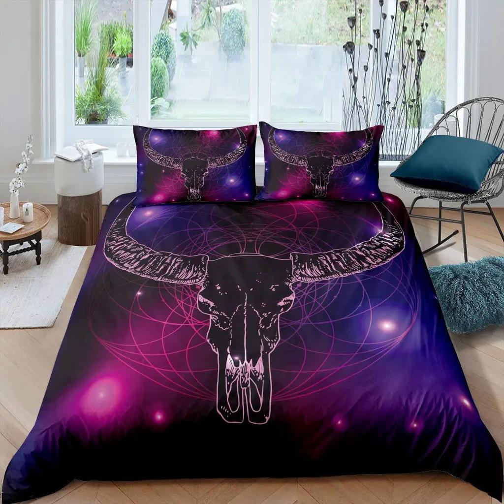 Cow Skull Duvet Cover Queen Sunflower Cattle/Bull Skeleton Bedding Set Botanical Floral Leaves Boho Tribal Polyester Quilt Cover