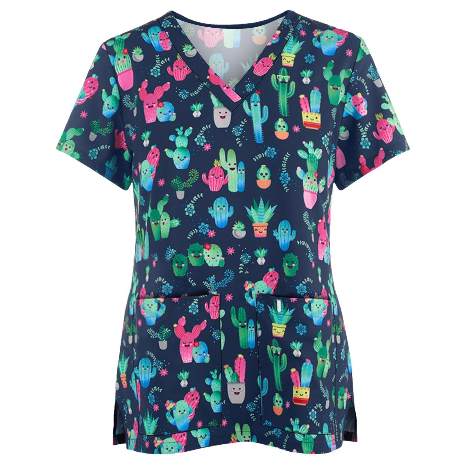 

Женский модный новый костюм с v-образным вырезом и принтом, повседневный топ с короткими рукавами для ухода за больными XL тёмно-синий