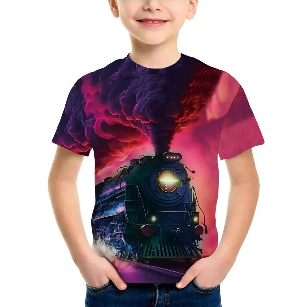 Boys' T-shirt, summer fun children's clothing, steam train pattern T-shirt, 3D printed outdoor short sleeved children's clothing