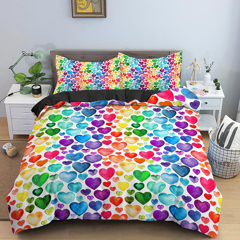 Multicolor Duvet Cover Set Colorful Hearts Queen Size Bedding Set For Teen Microfiber Geometric Cartoon Love Heart Quilt Cover