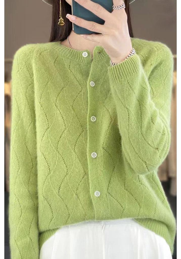 2025 Women's Australian Wool Hollow Twist Knit Cardigan - Round Neck, Buttoned, Loose Fit, Slimming Sweater for Autumn/Winter