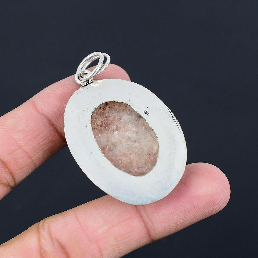 Strawberry Quartz Gemstone Bezel Sister Birthday Artisan Boho Pendant 925 Silver