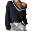 Damen S College-Stil Farbblock V-Ausschnitt Lockerer Freizeitpullover