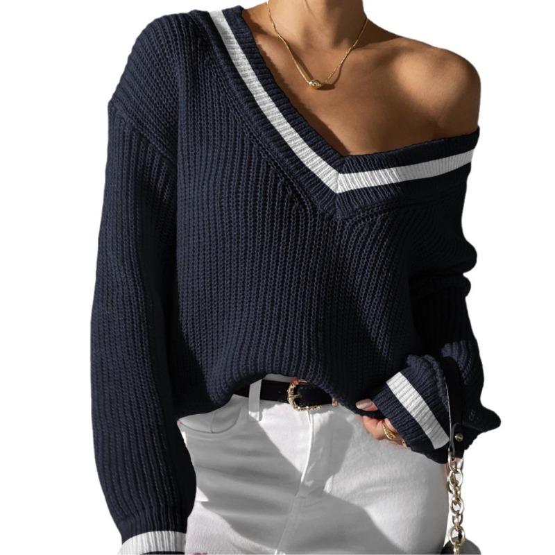 Damen S College-Stil Farbblock V-Ausschnitt Lockerer Freizeitpullover