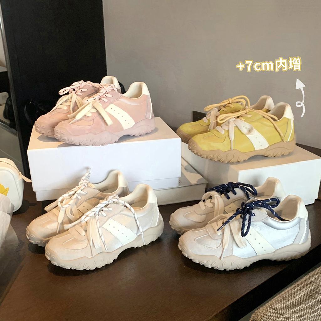 Blue cabinet, inner height increase~ 2025 spring and summer new invisible pull-leg splicing round head lace-up casual Forrest Gump training shoes