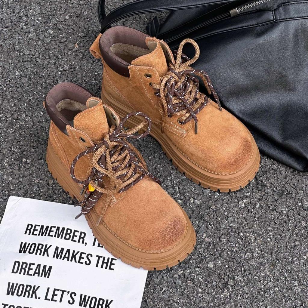 2025 autumn new leather platform heightening Martin boots British style lace-up big head retro cool tooling shoes