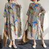 Real Shot Summer New Literary Large Size Loose Printing Stand-up Collar Seven-quarter Sleeve Dress Women's Long Dress