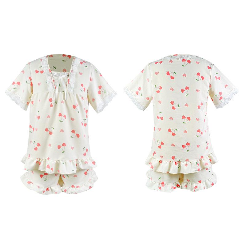 Cherry Print Lace-Trimmed Cloud Cotton Pajama Set with Ruffles