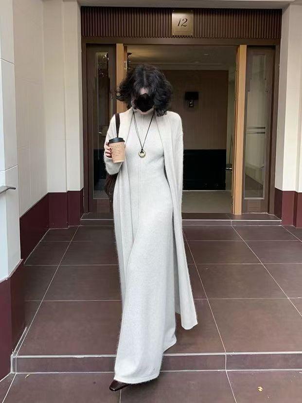 Hochgeschlossenes ärmelloses Strickkleid & Mantel Cardigan Zweiteiler-Set