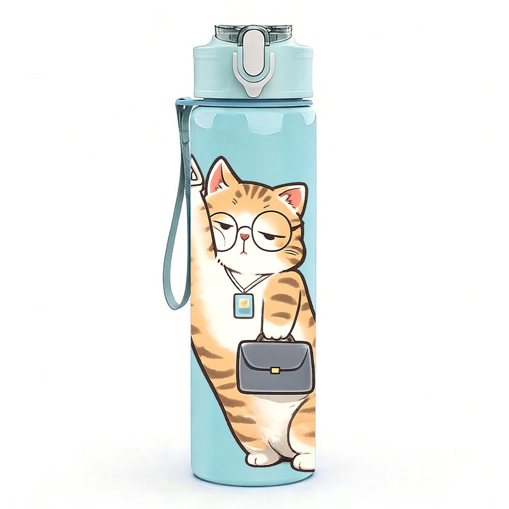 1PC Cat Hold Cell Phone Cartoon Print 750ml Color Plastic Sports Water Bottle Leakproof Flip Straw Lid Suitable for Sports Office Home Use