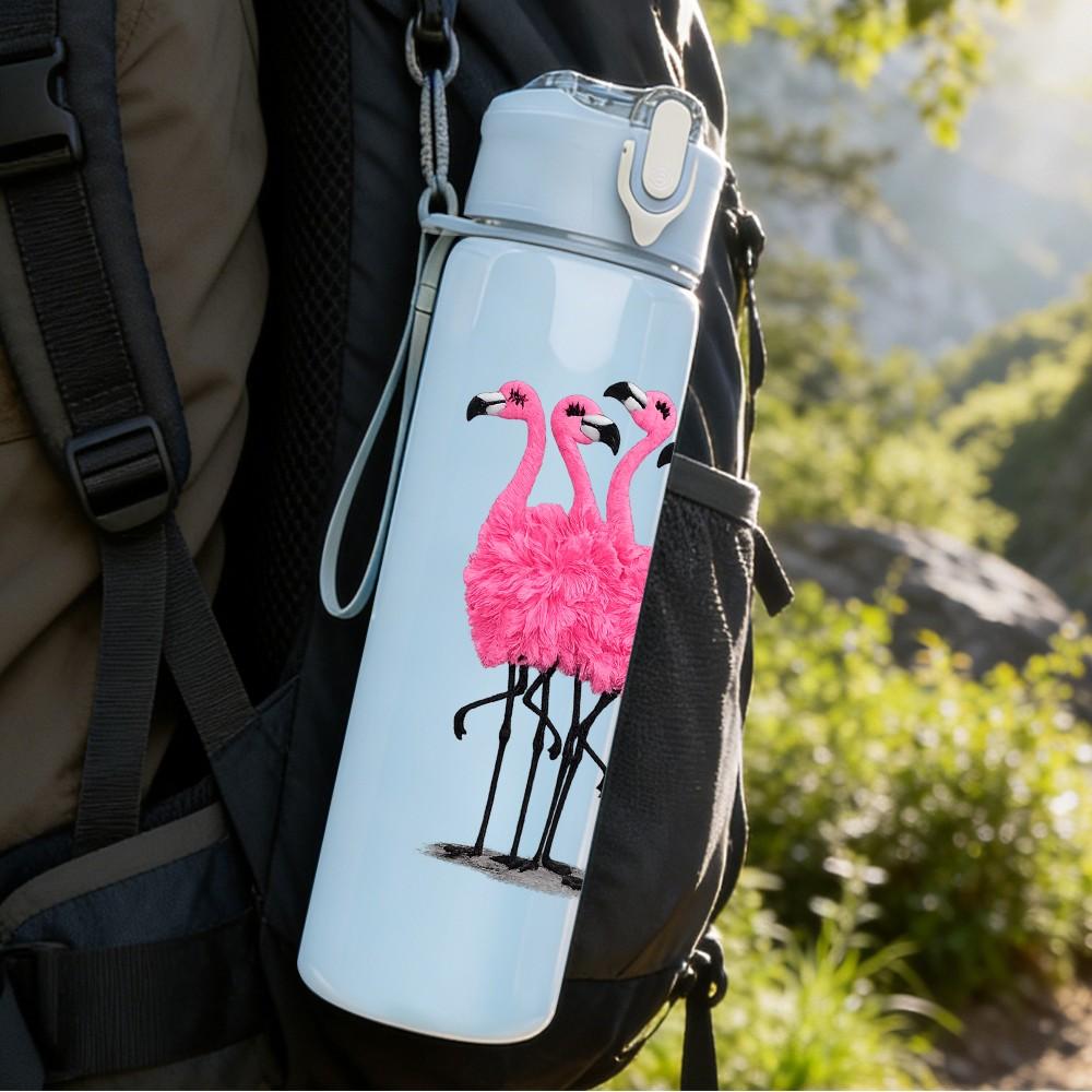 1PC Pink Flamingo Bird Tropical Print 750ml Color Plastic Sports Water Bottle Leakproof Flip Straw Lid Suitable for Sports Office Home Use