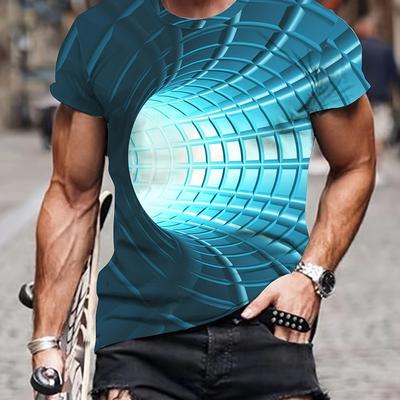 Męska koszulka 3D z cyfrowym geometrycznym tunelem, krótkim rękawem i okrągłym dekoltem, stylowa, modna, letnia koszulka na zewnątrz