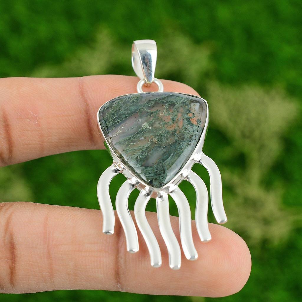 Daughters Day Deal Natural Solar Moss Agate Pendant Jewelry 925 Sterling Silver