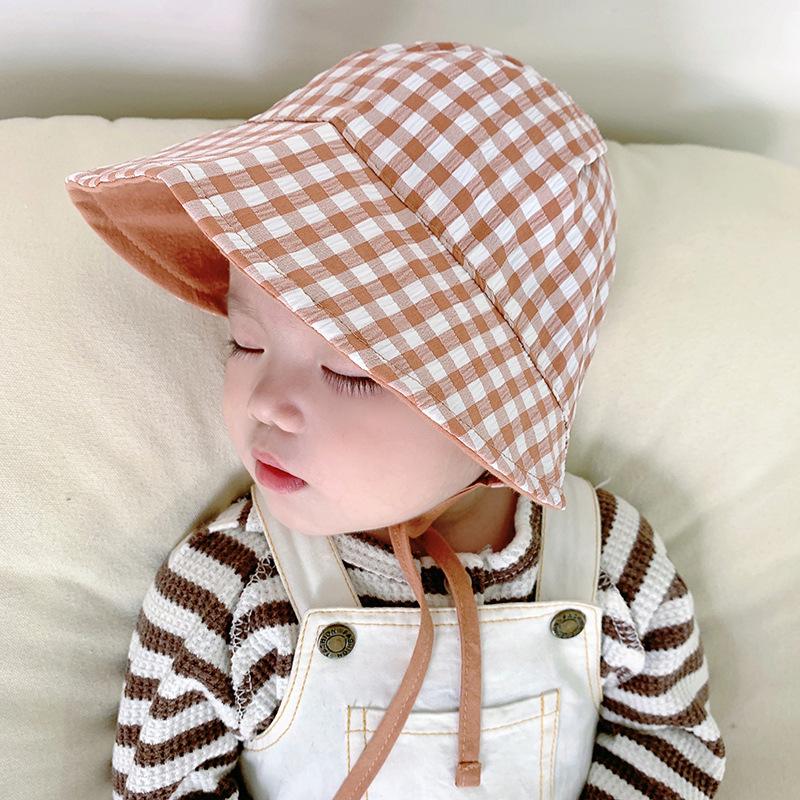 Double Sided Plaid Baby Bucket Hat Summer Cotton Infant Sun Visor Cap Korean Solid Color Reversible Kids Fisherman Caps Bonnet