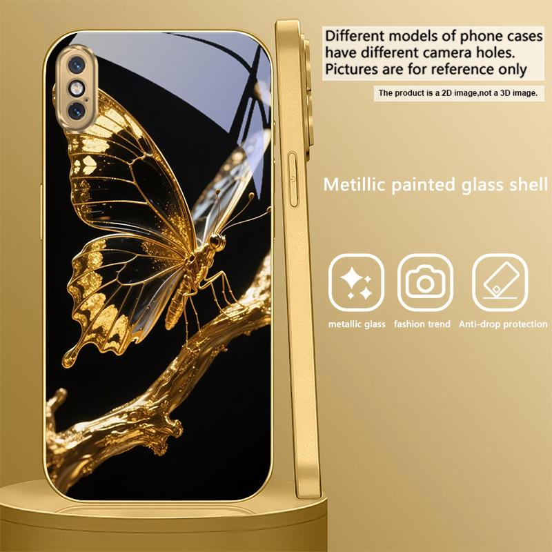 Schmetterling auf dem Ast Für IPhone 17Pro Max 16 17 Pro 15 Pro 14 13 Plus 12 Mini 11Pro Max XR 16E 17 Air Goldene Glas-Handyhülle
