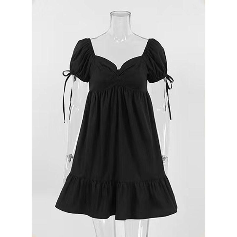

Fashion Wind Summer New Arrival Black Square Collar Puff Sleeves off-the-Shoulder Dress Sexy Square Neck Dress Black L