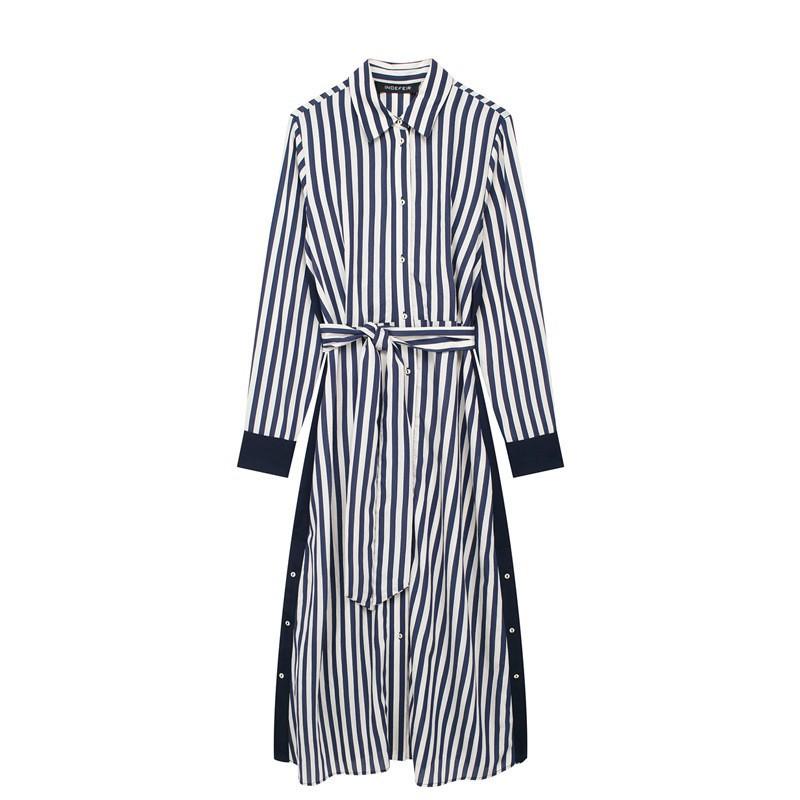 European American Women s Clothing Fashionable Temperament Striped Midi Long-sleeved Dress XS