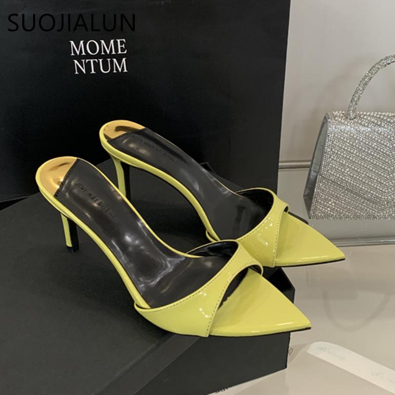 Fashion SUOJIALUN 2025 New Brand Women Slipper Fashion Pointed Toe Slip On Ladies Eelgant Slides Thin High Heel Outdoor Dress Pumps Sand