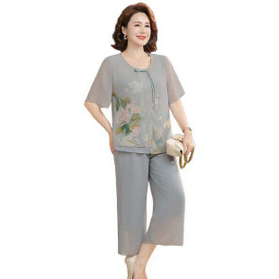 

Elegant Summer Outfit Set for Middle-Aged and Elderly Women - Short-Sleeved Top with Wide-Leg Pants 5XL
