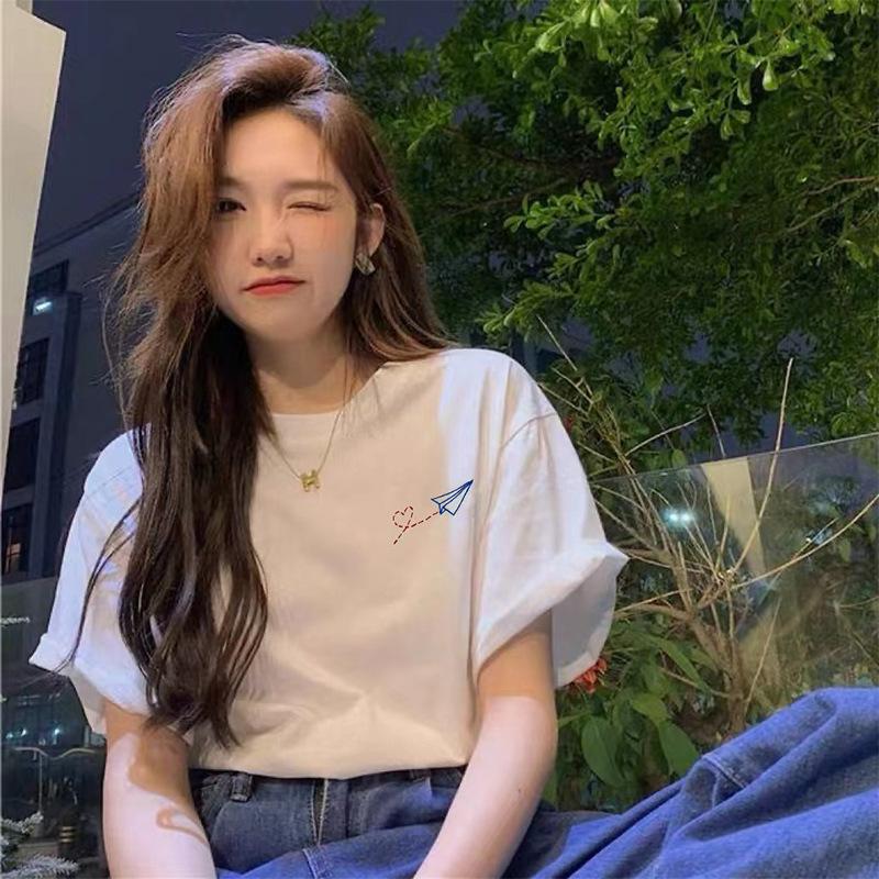 

Pure cotton Korean white short-sleeved T-shirt women s summer retro design sense niche chic ins trendy shoulder Hong Kong flavor top S