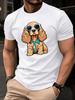 Unisex Royal Blue Cotton Tee Cool Spaniel Dog Sunglasses Tie Graphic Short Sleeve Loose Street Top For Pet Loving Young Adult Males