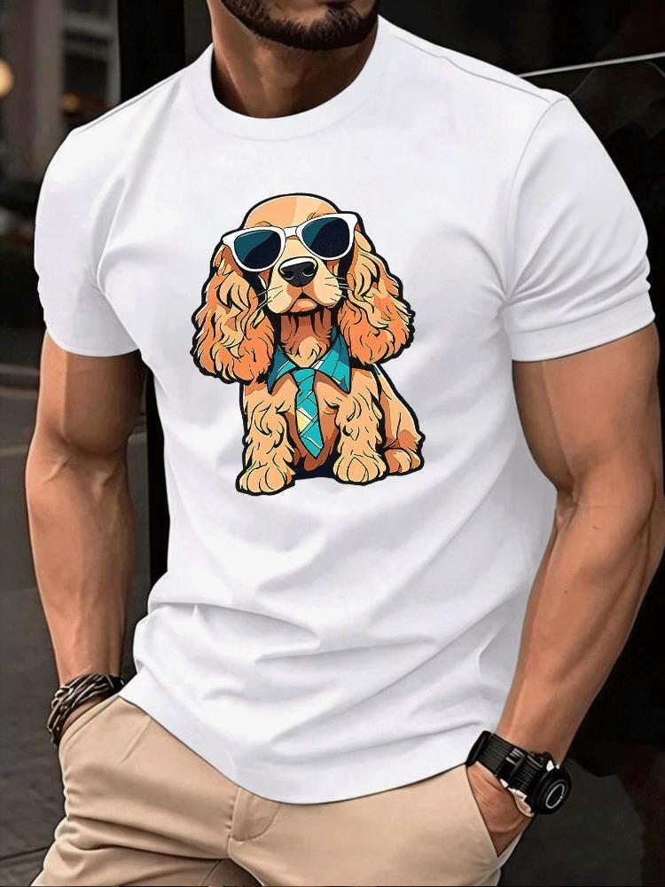 Unisex Royal Blue Cotton Tee Cool Spaniel Dog Sunglasses Tie Graphic Short Sleeve Loose Street Top For Pet Loving Young Adult Males
