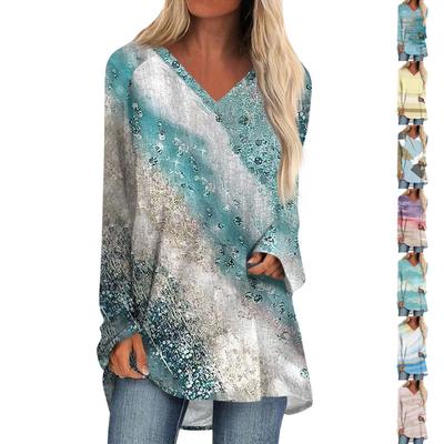 Women's And Winter Long Sleeved V-neck Printing Casual Long Loose T-shirt Top