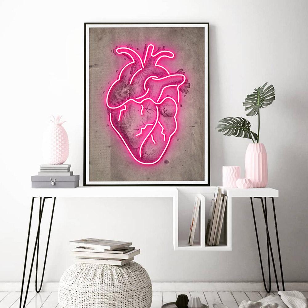 Neon Skeleton Plakát Severský Vintage Obraz Srdce Hlava Nástěnná malba Obrazy Nástěnná malba Pro obývací pokoj Bar Domácí dekorace
