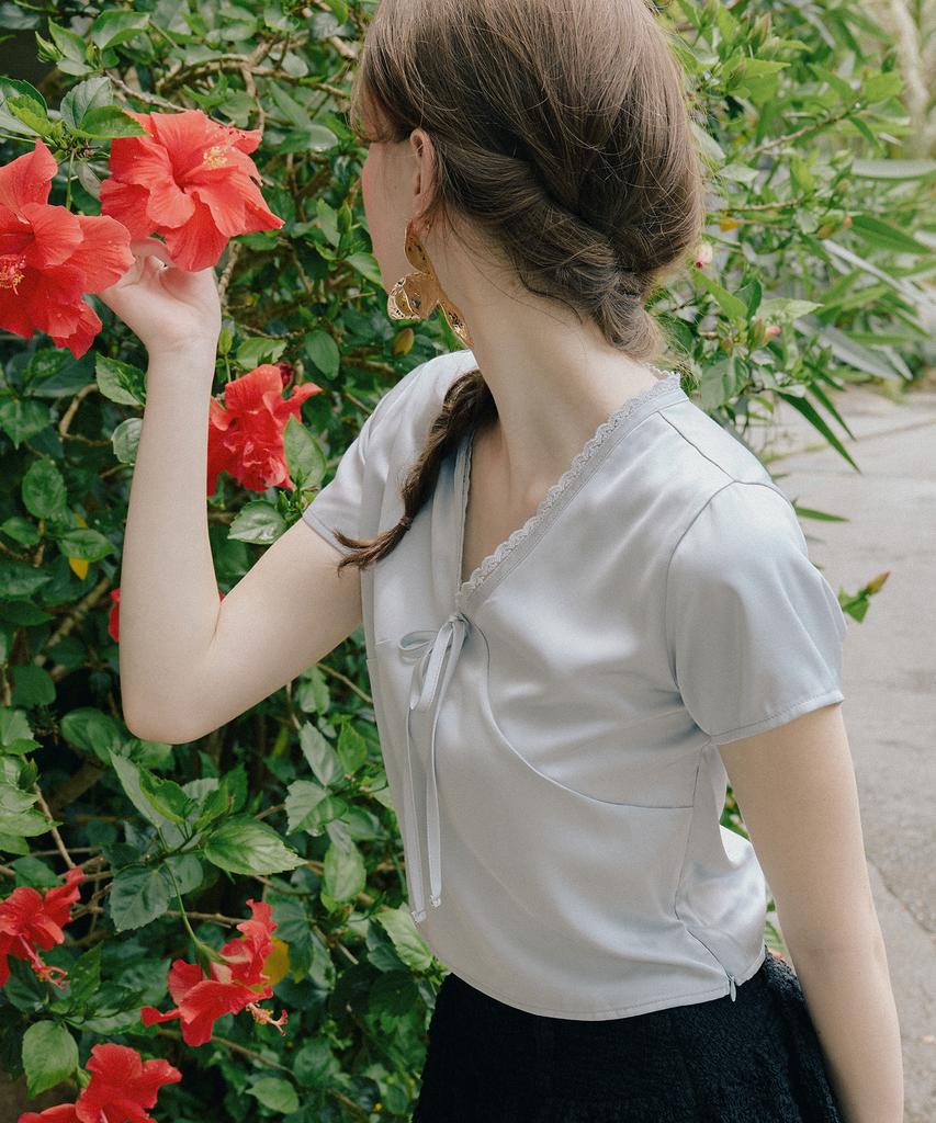 LETTER FROM MOON Satin V-Neck Ribbon Top (Sky Blue)