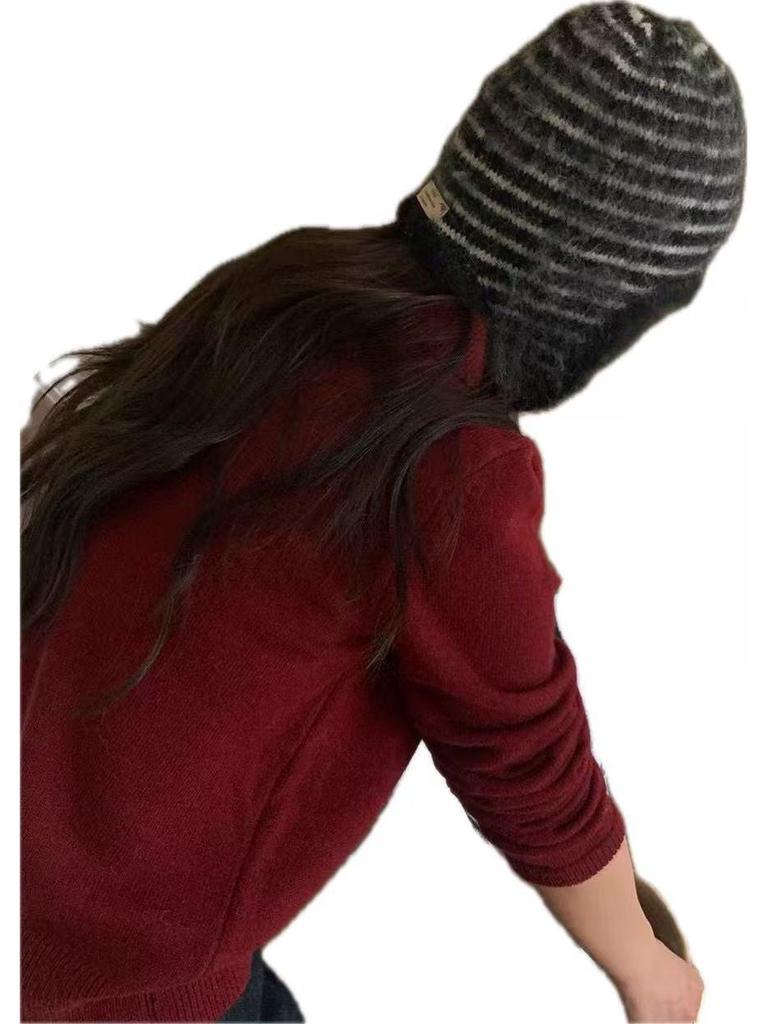 Retro Koreanischer Stil Mohair Gestreifte Strick Ohrenklappenmütze für Damen - Niedlich und Warm für Herbst/Winter