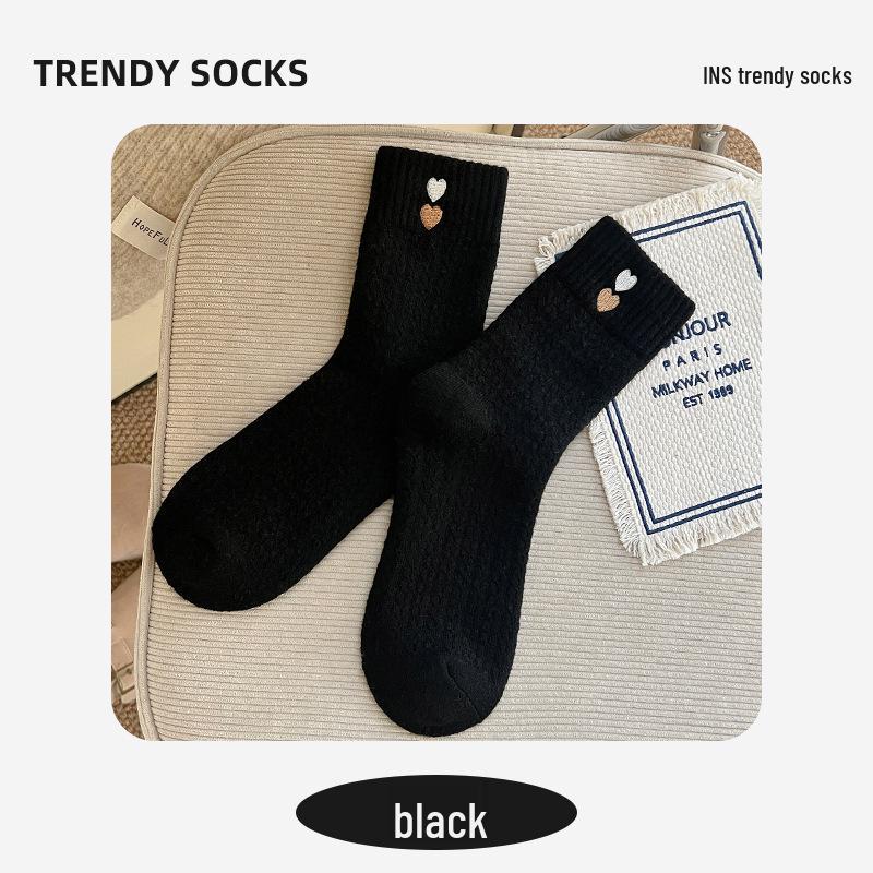 Women's Terry Mid-Calf Socks: Velvet-Lined, Thick, Warm, Postpartum, Embroidered Heart, for Autumn and Winter