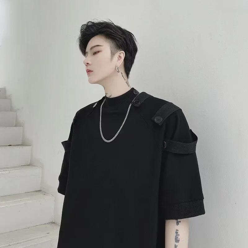 Pánské asymetrické tmavé niche holičské tričko Yamamoto Yohji, velká velikost, krátký rukáv