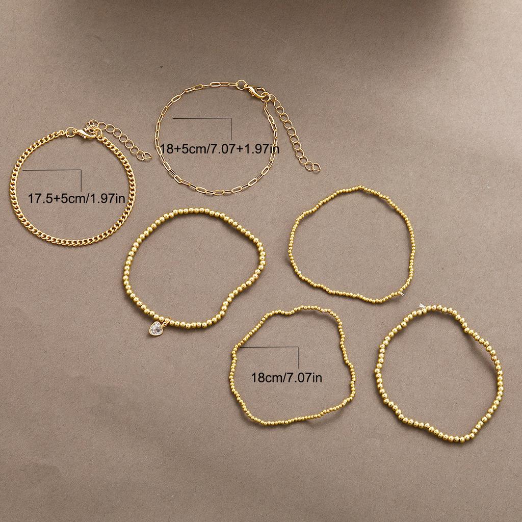 6pcs Gold Color Heart Crystal Beaded Bracelet Set For Women Vintage Minimalist Stretch Bead Ball Bracelets Daily Jewelry Gifts