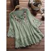 Summer Women Casual Solid Shirt Linen Stitching Lace Flower V-neck Loose Blouse Elegant Holiday Shirts