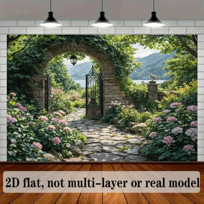 2D Enchanted Garden Backdrop Ivy Stone Arch Flower Photography Background