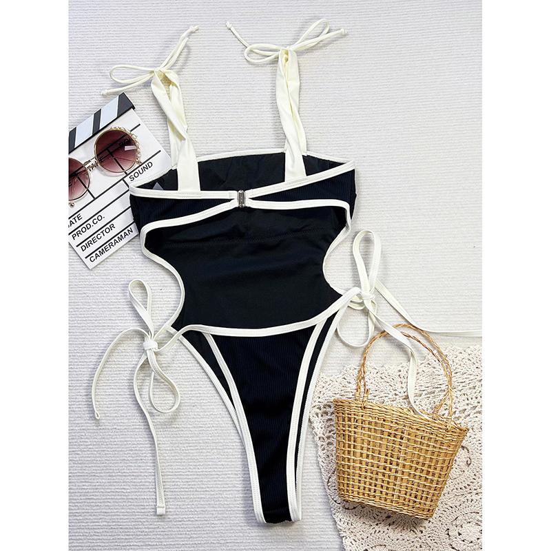Schwarzer einteiliger Bikini-Badeanzug mit weißer Bordüre für Damen Sexy hohl geschnitten rückenfrei Bademode Seitenbandage Strand Badeanzug